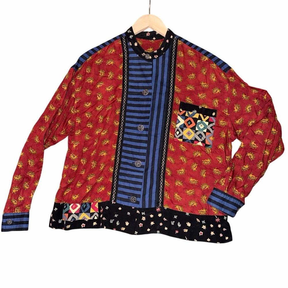 Vintage canvasbacks colorful button front long sleeve top small mandarin collar